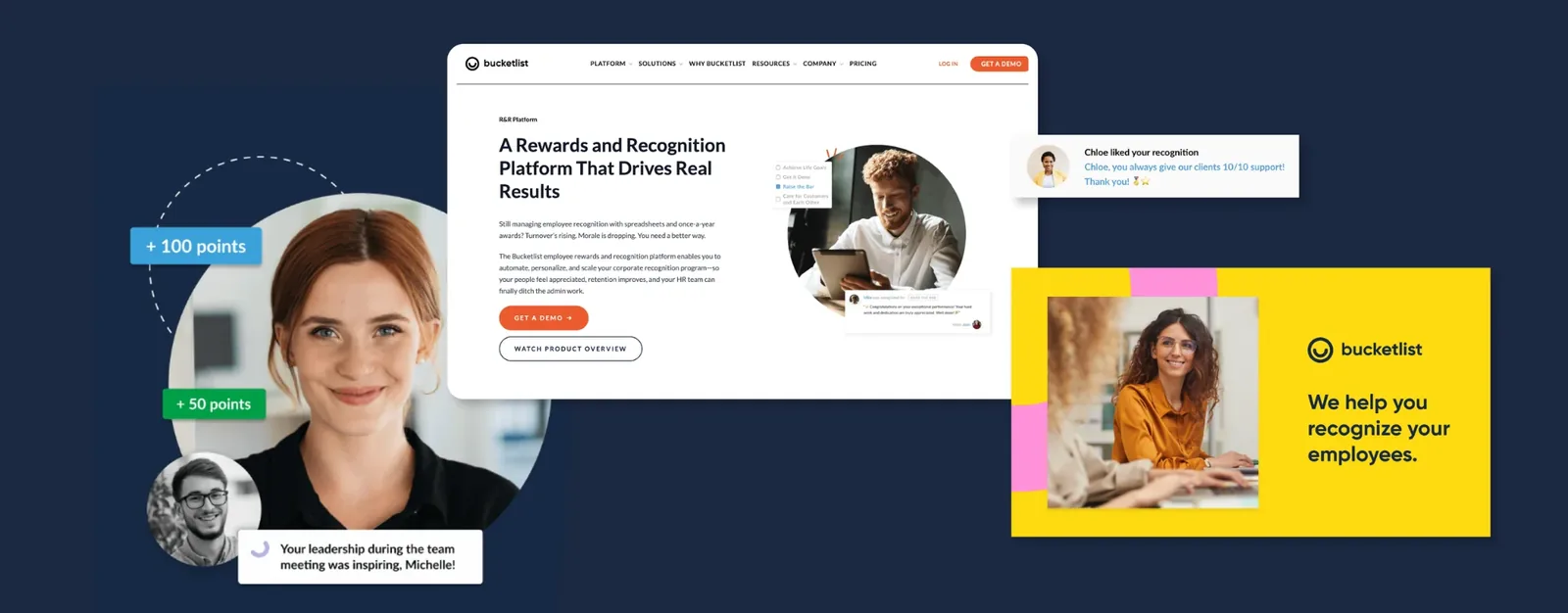 Bucketlist Rewards recognition platform homepage with points badges, a smiling employee and a yellow campaign card