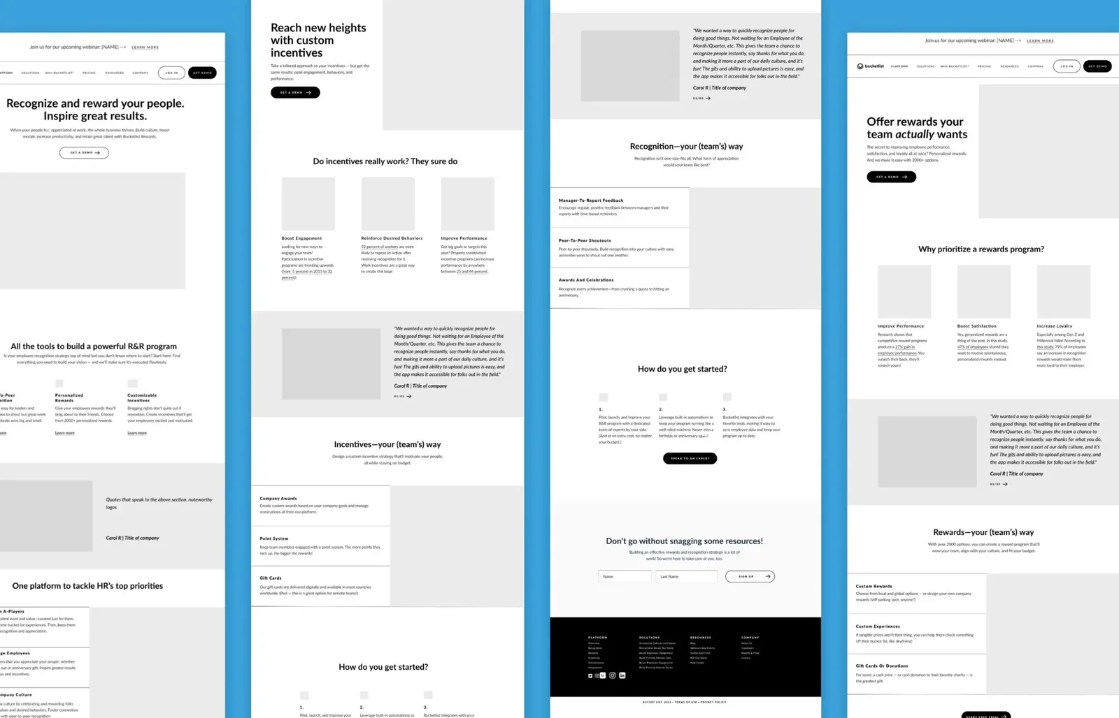 Wireframes for the Bucketlist homepage and key pages, laid out side by side