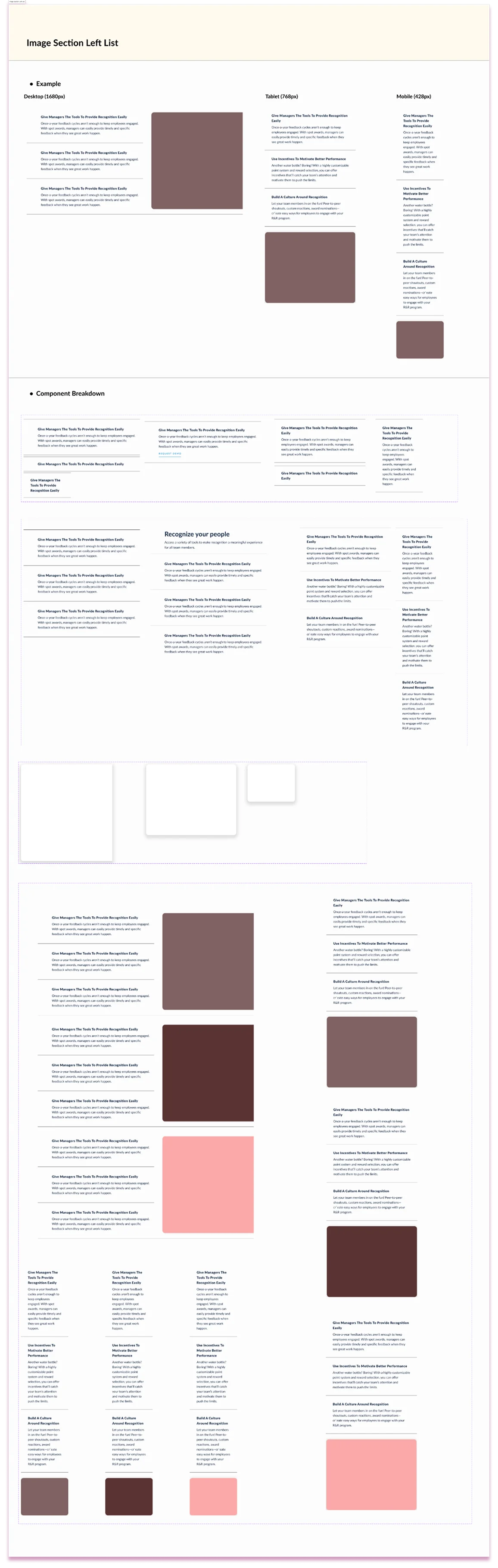Component breakdown for the image section with a left-hand list, showing layout variants