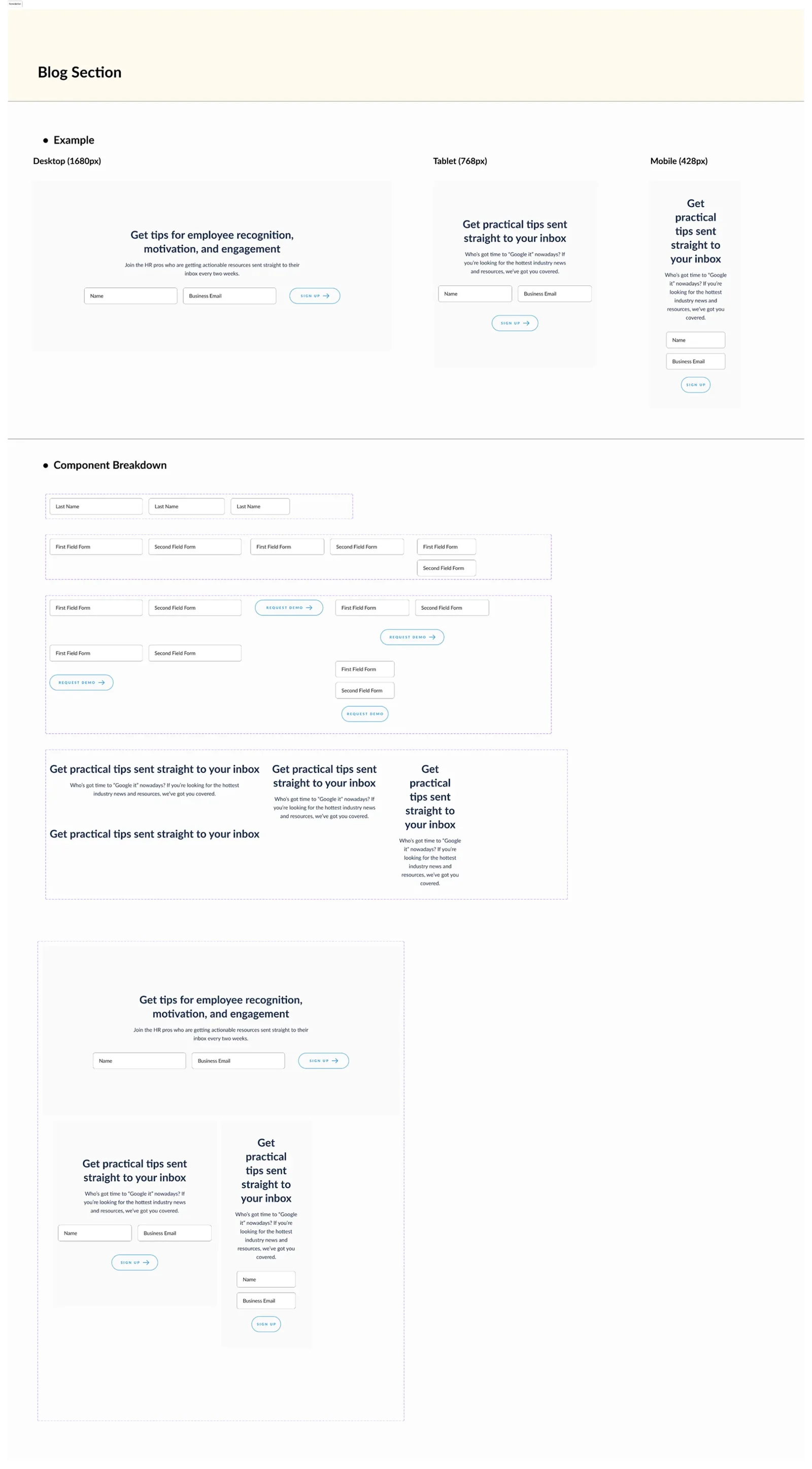 Component breakdown for the newsletter section, showing layout variants
