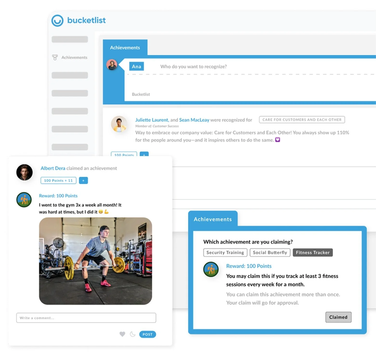 Custom product visual of the Bucketlist feed with an achievements prompt over a photo of a smiling employee