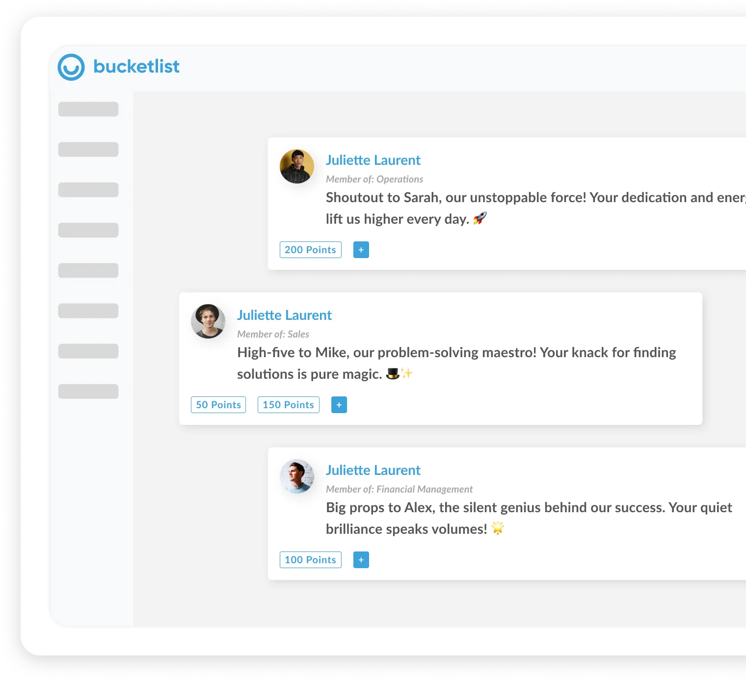 Custom product visual of peer recognition messages inside the Bucketlist feed