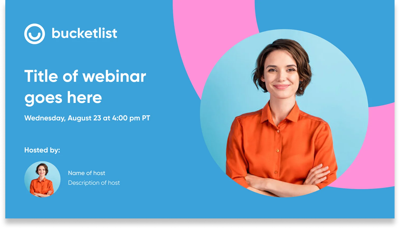 Blue Bucketlist webinar promotion template with a host photo