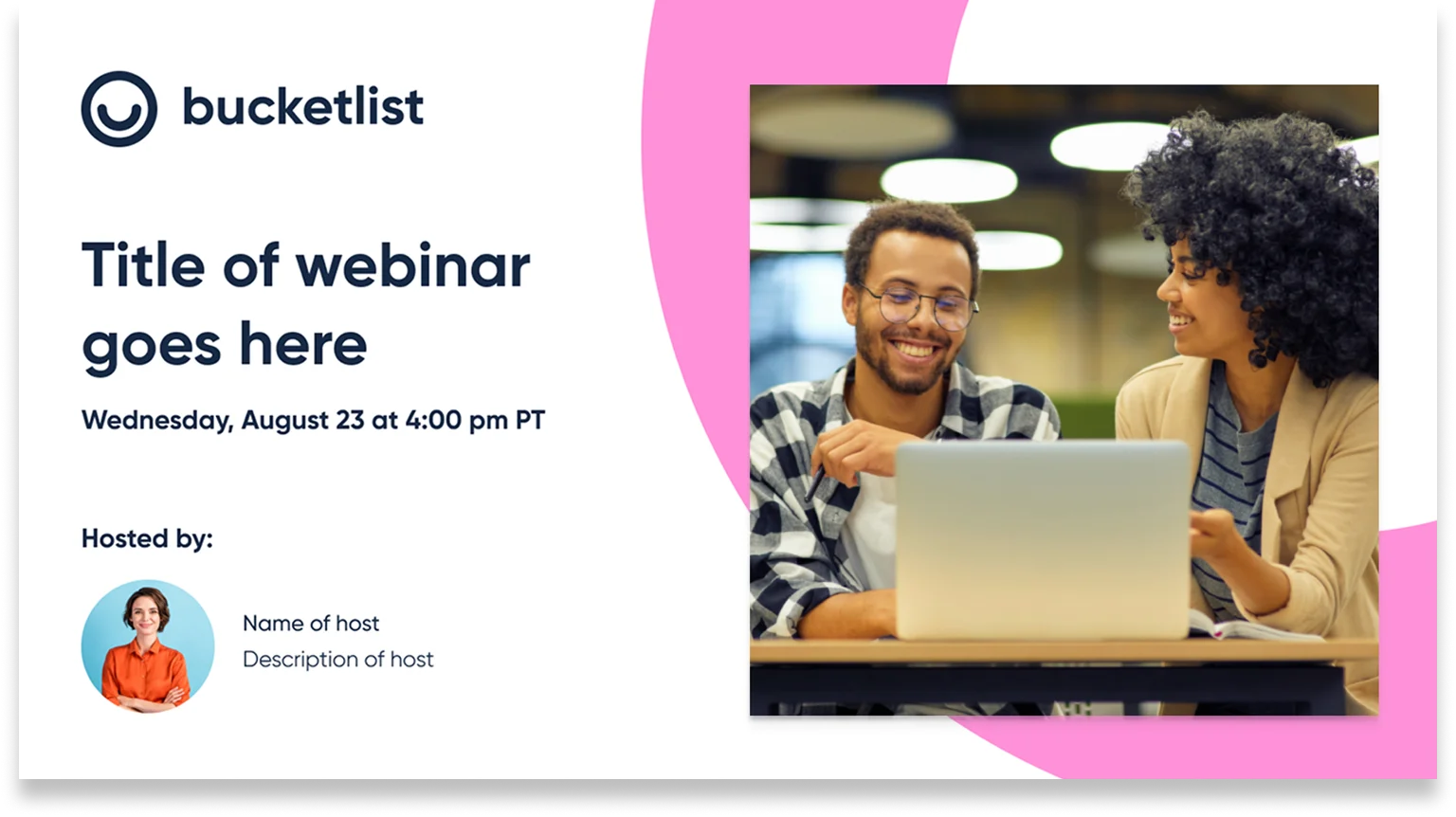 Bucketlist webinar banner template with title, host and photo
