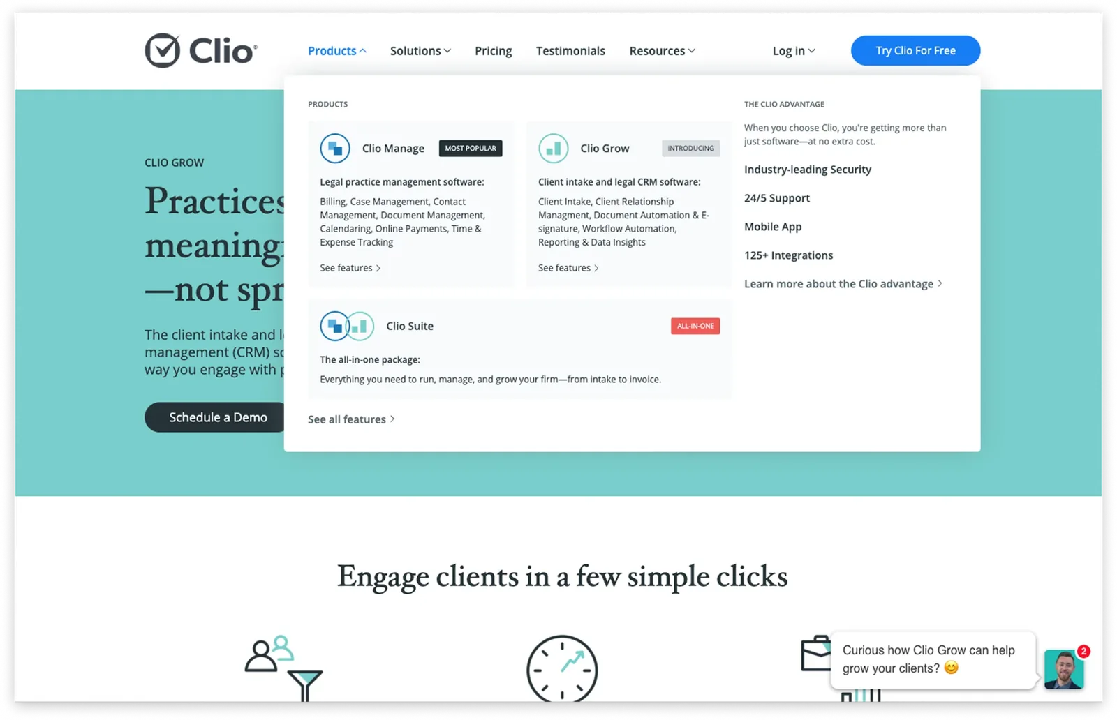Clio website navigation after the redesign: a Products menu separating Clio Manage, Clio Grow and Clio Suite