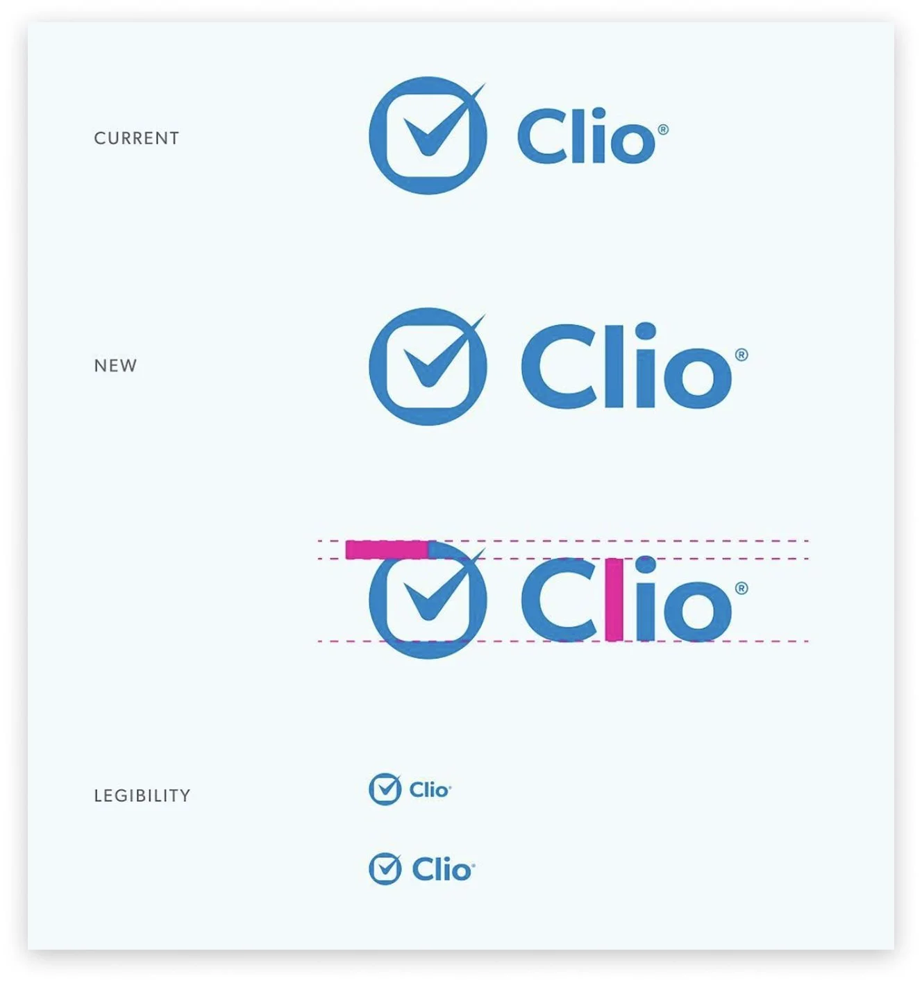 Clio logo shown as the current version, the new version, and small-size legibility tests