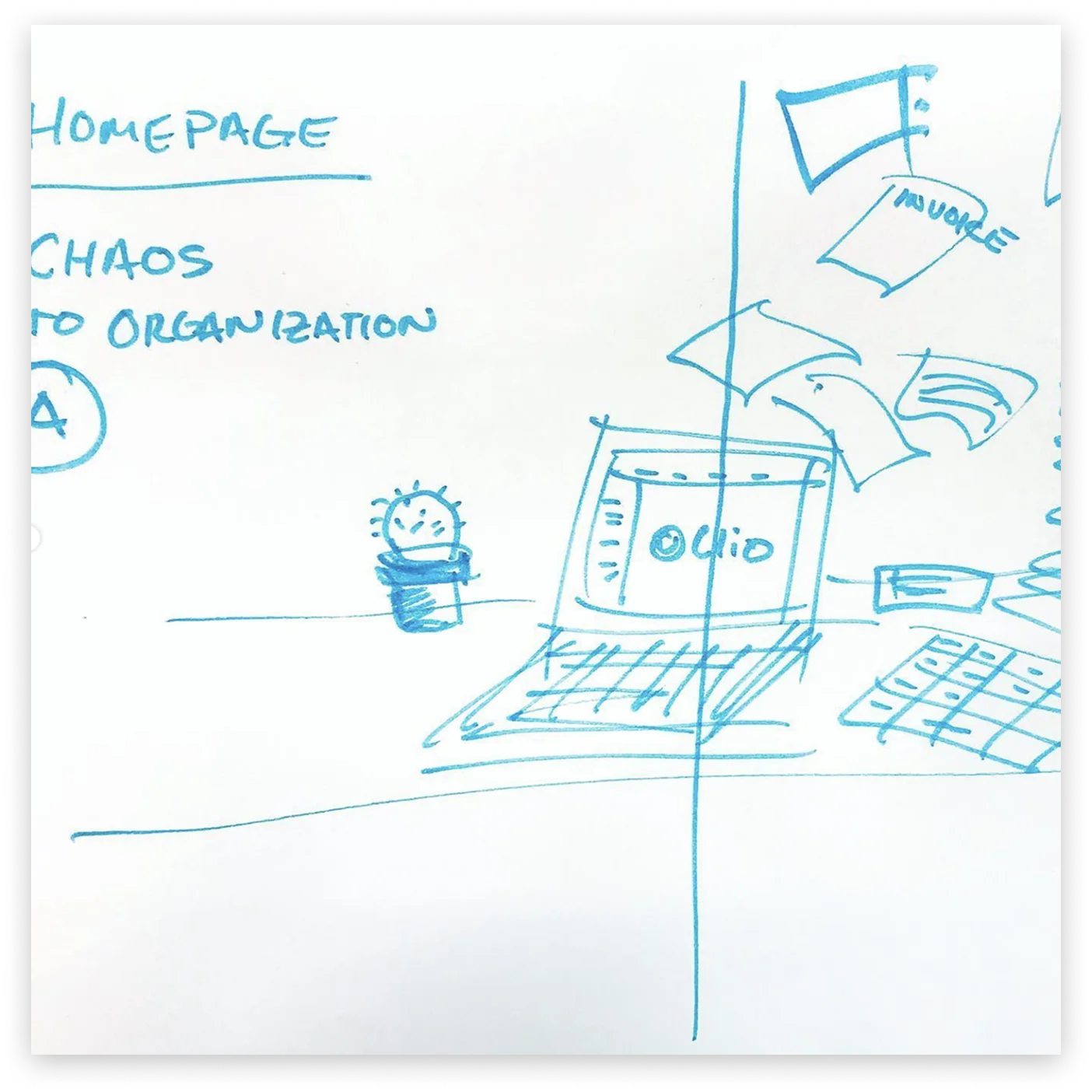 Whiteboard sketch concept for the homepage header: from chaos to organization