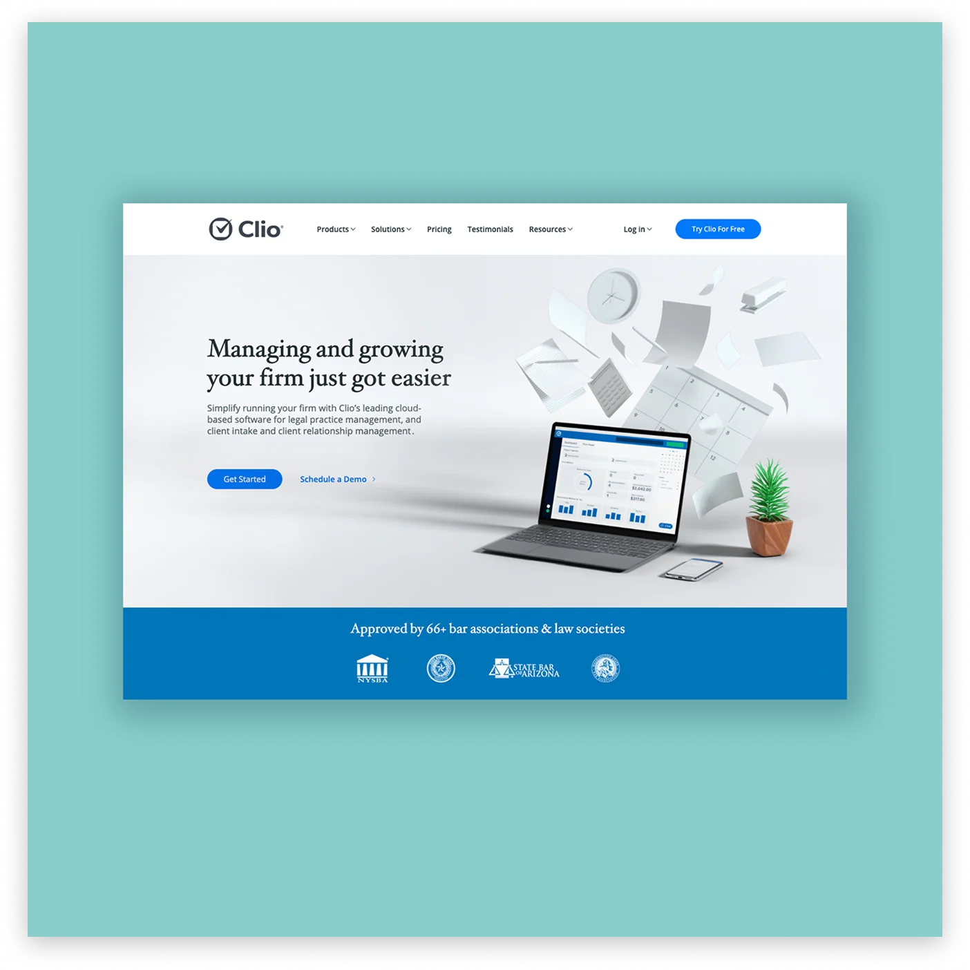 Final Clio Grow header: Managing and growing your firm just got easier, on a teal background