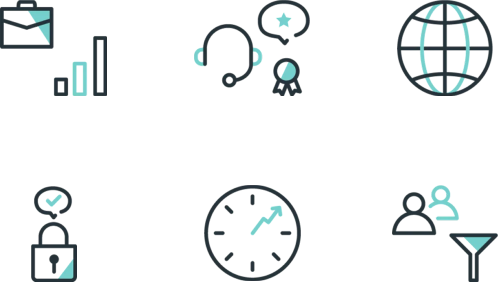 Set of Clio icons: briefcase with chart, headset, globe, padlock, clock and a person with a filter