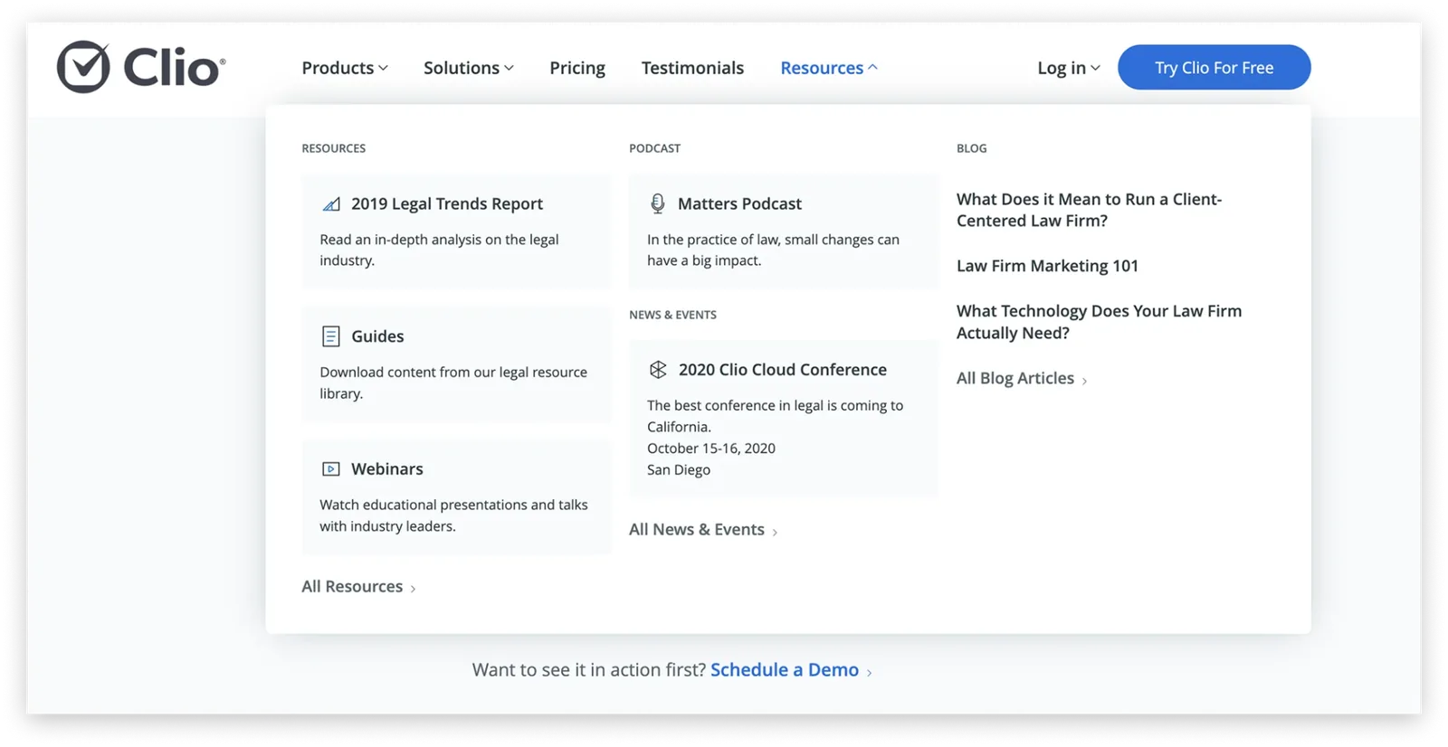 Clio Resources menu after the redesign, with webinars, guides and conference listings grouped clearly
