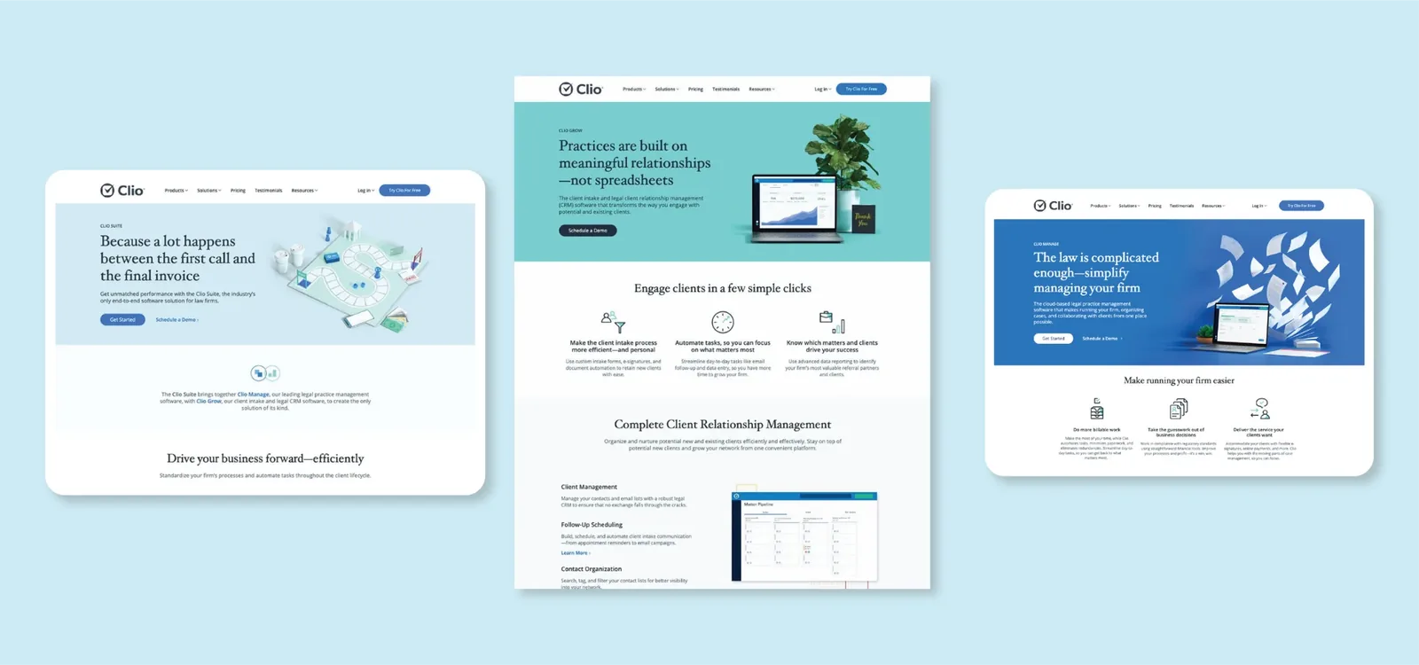 Mosaic of redesigned Clio web pages with custom product illustrations on a light blue background