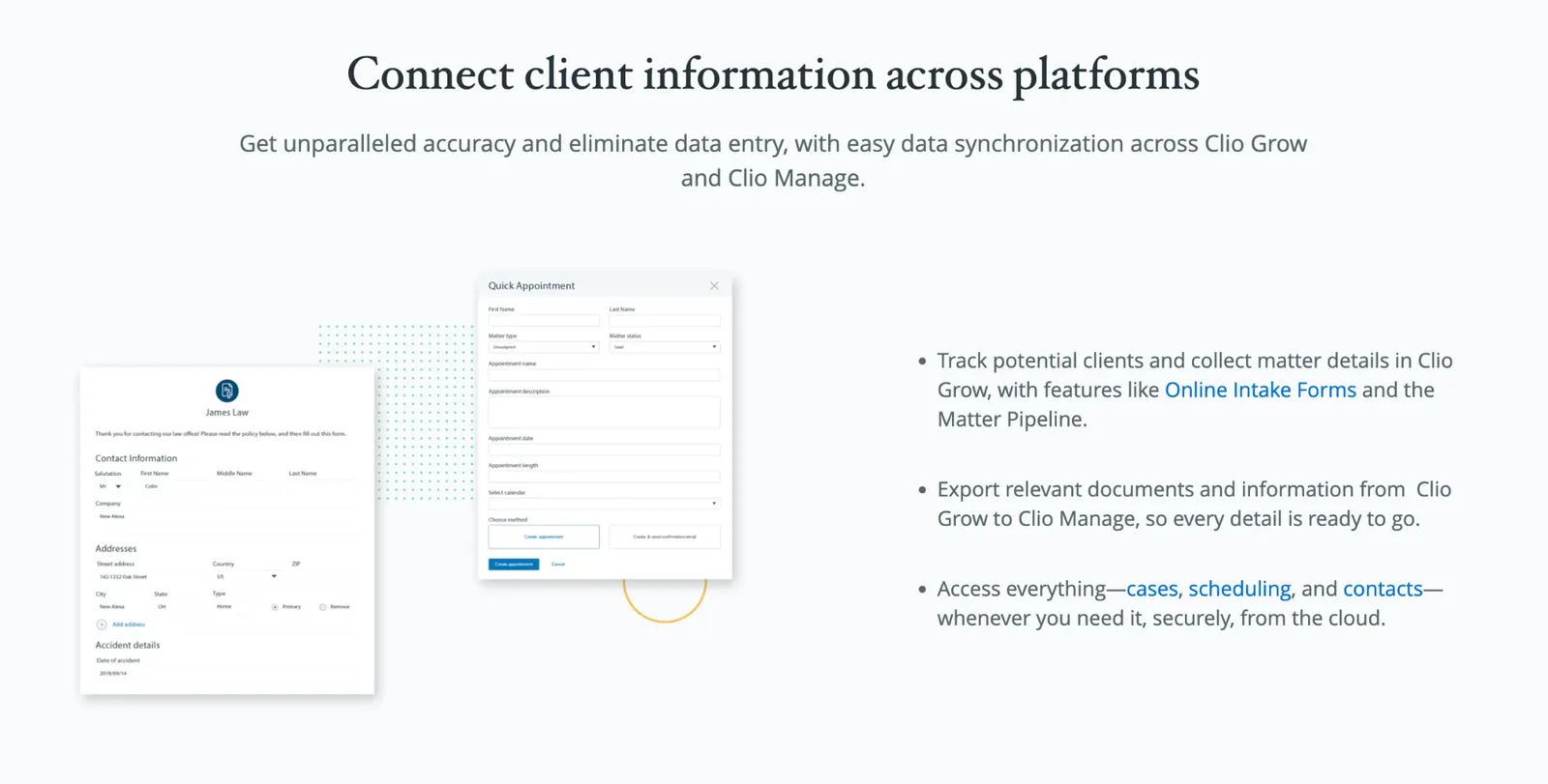 Product slide: Connect client information across platforms, syncing Clio Grow and Clio Manage