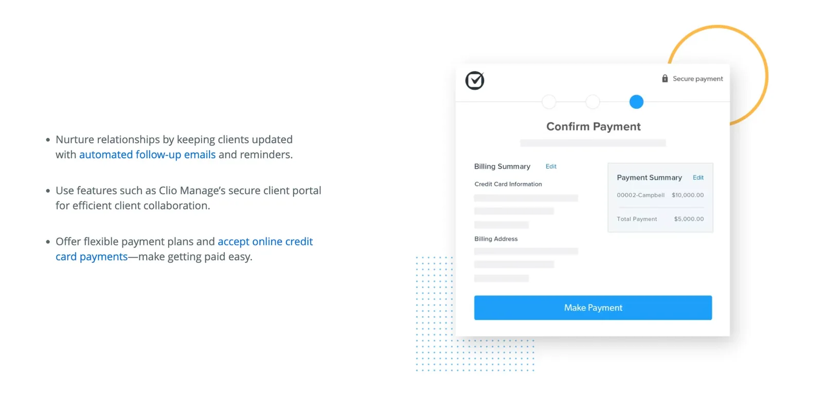 Product slide showing client payments and automated follow-ups inside Clio