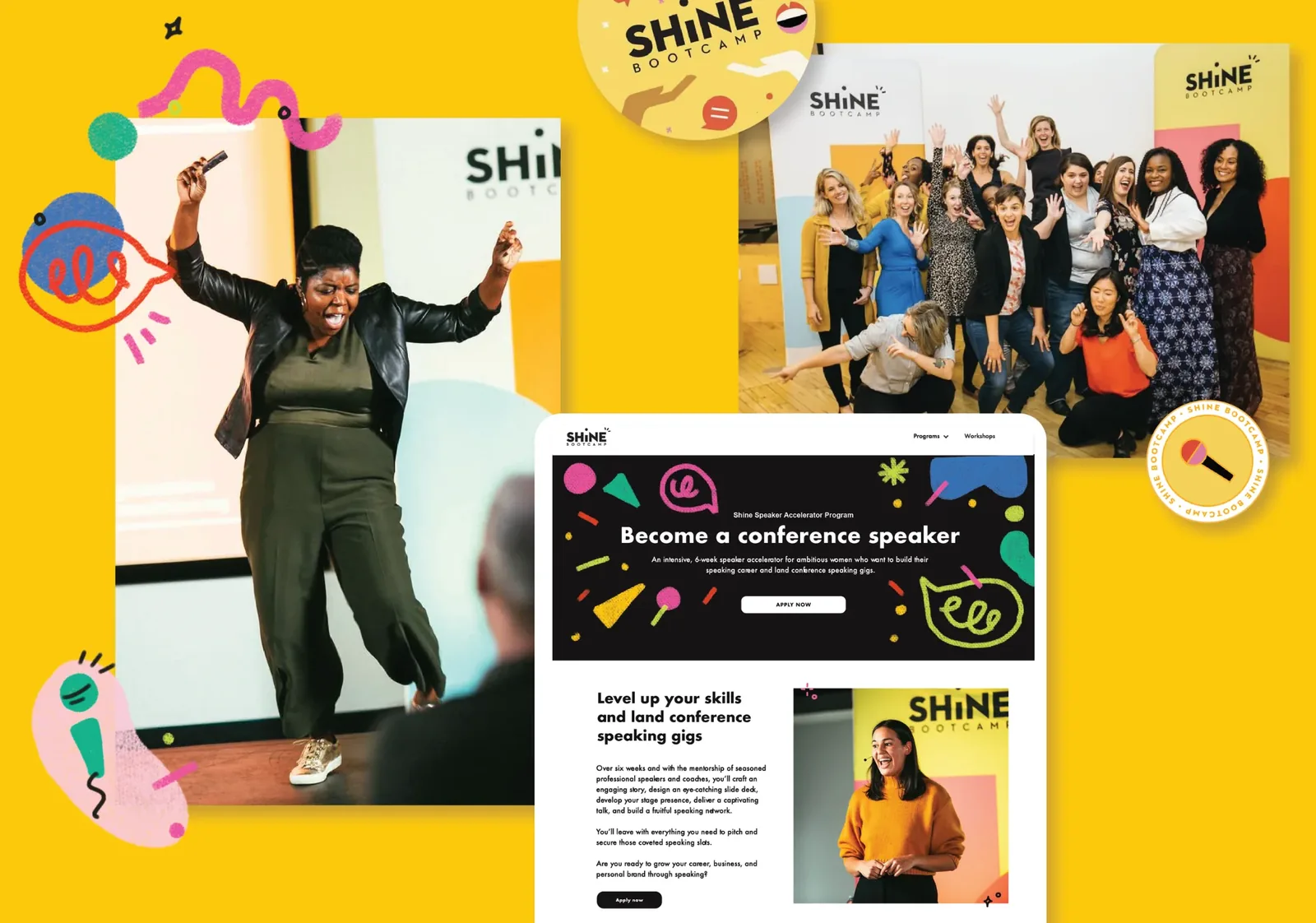 Shine Bootcamp speakers, event photography and the Become a conference speaker web page