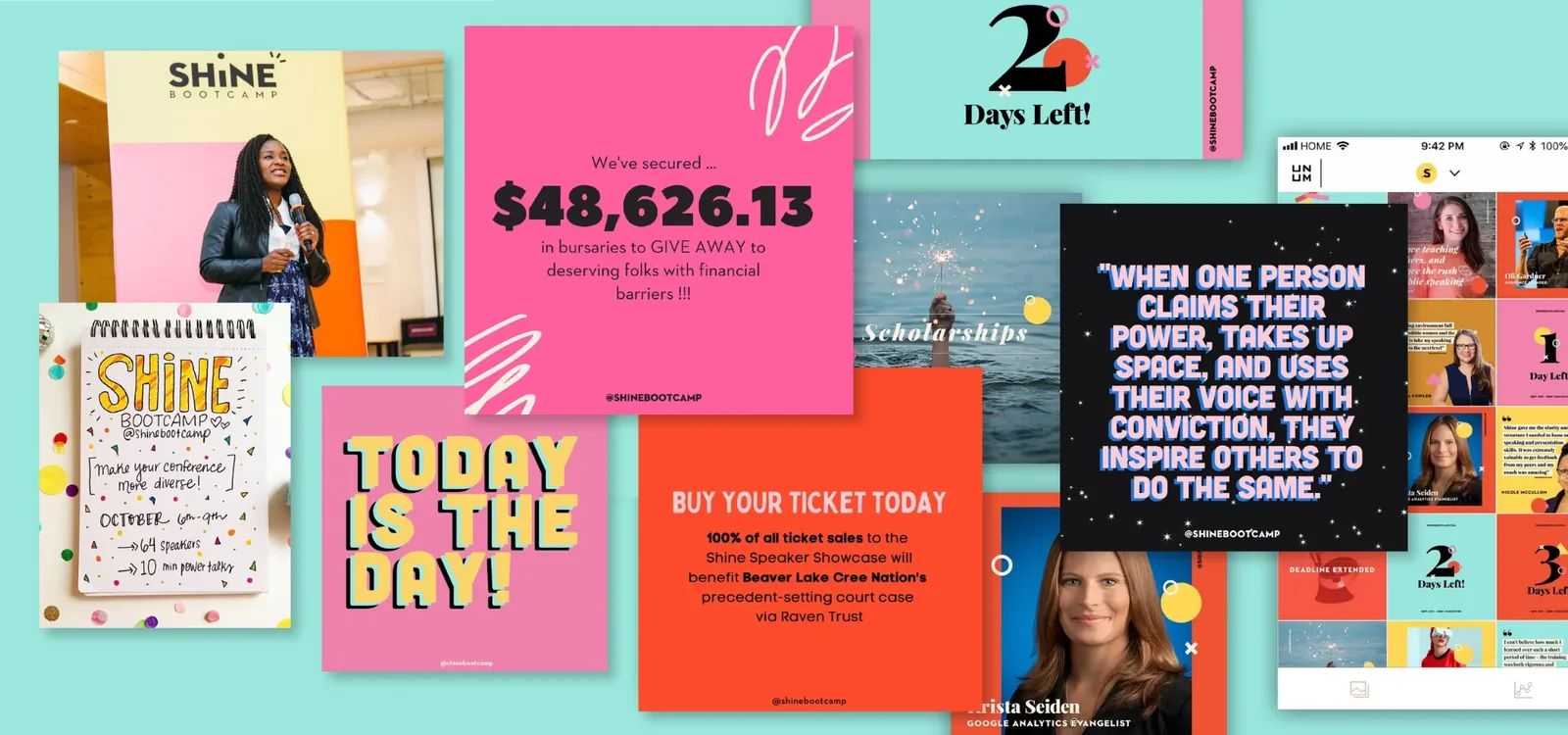 Shine Bootcamp social media campaign graphics announcing $48,626.13 raised for bursaries, with a countdown and a ticket promotion
