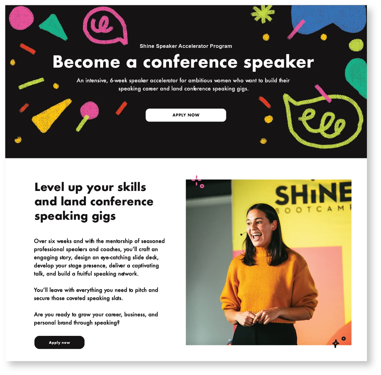 Shine Speaker Accelerator web page: Become a conference speaker, with a level up your skills section and a speaker in a yellow sweater