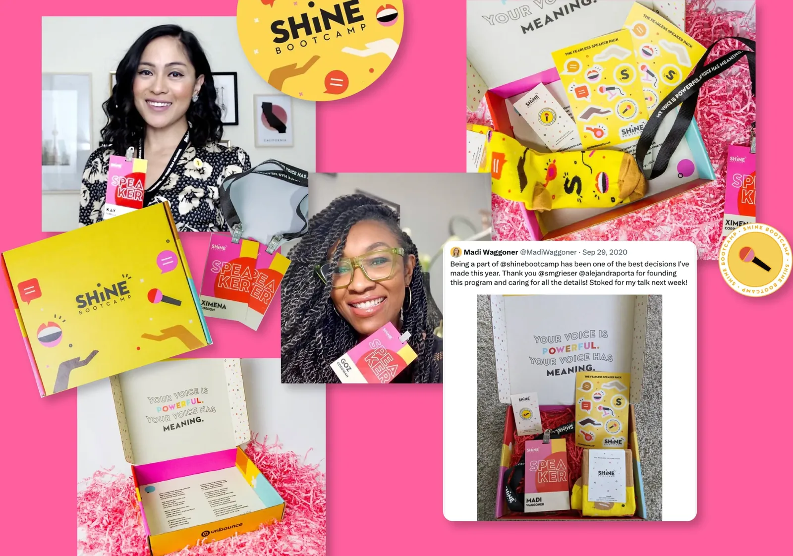 Shine care packages with speaker badges and a handwritten poem, shown with participants and a tweet of thanks