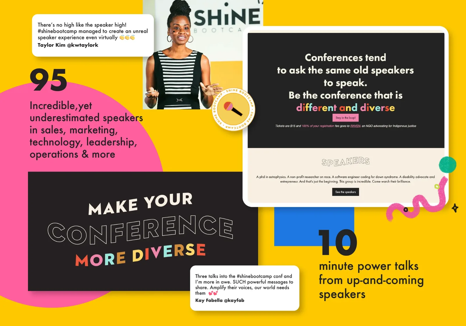 Shine Conference graphics: 95 incredible speakers, Make your conference more diverse, and 10-minute power talks from up-and-coming speakers